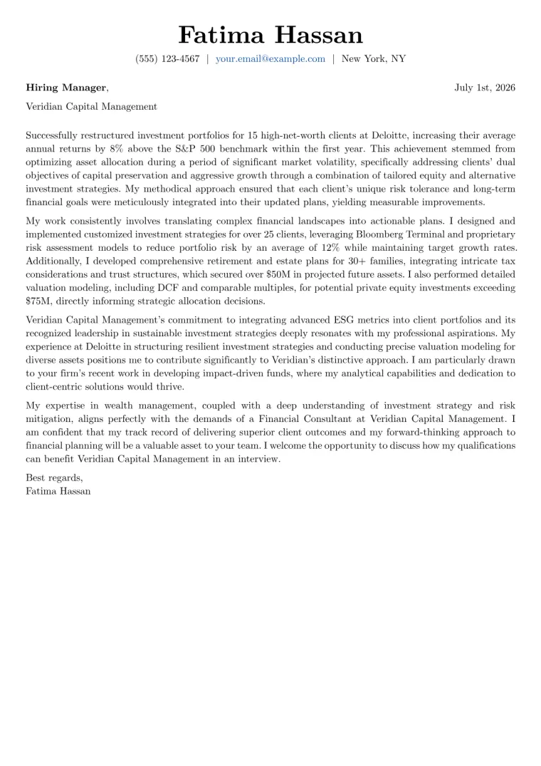 Financial Consultant Cover Letter Example