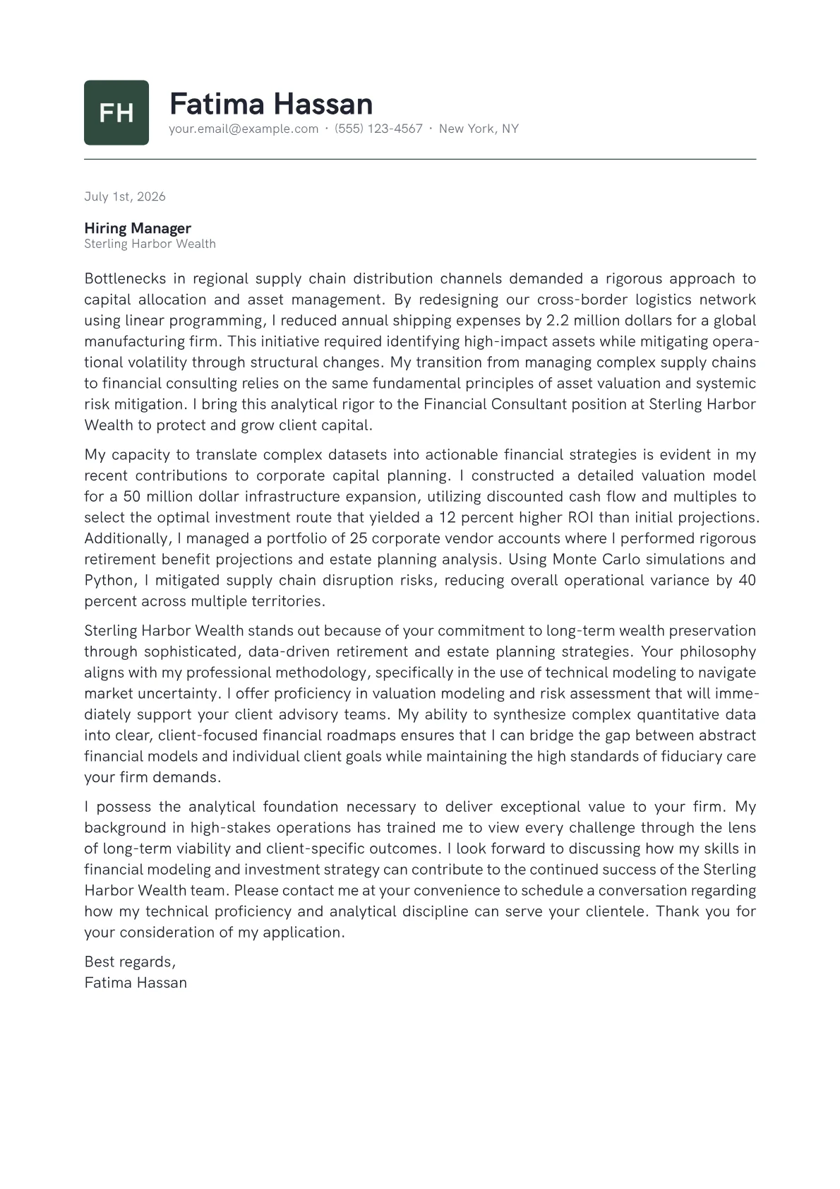 Financial Consultant cover letter in the Emblem design