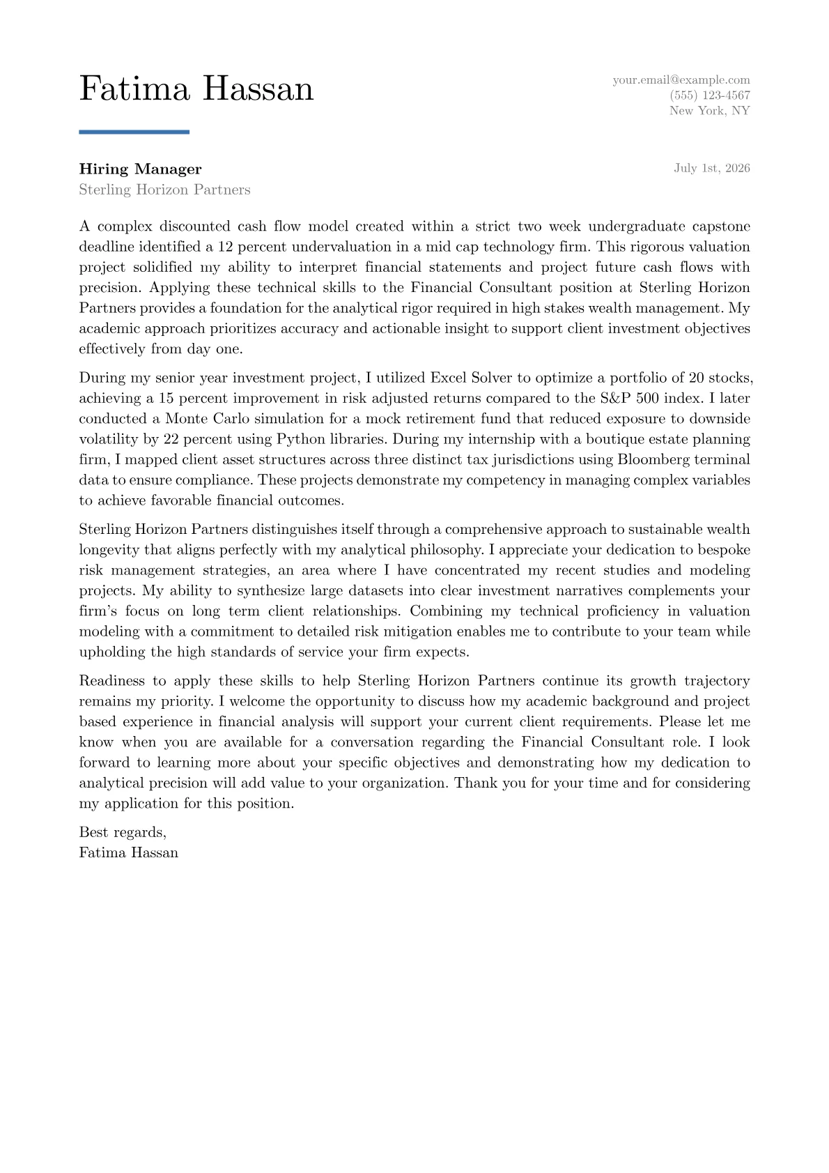 Financial Consultant cover letter in the Executive design