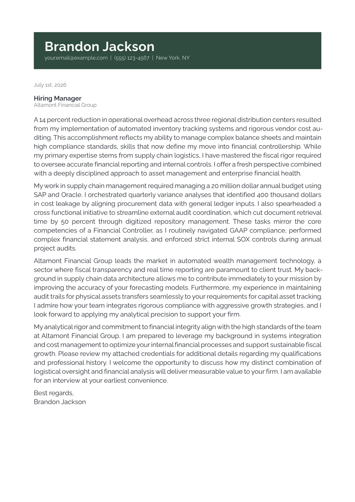 Financial Controller cover letter in the Banner design