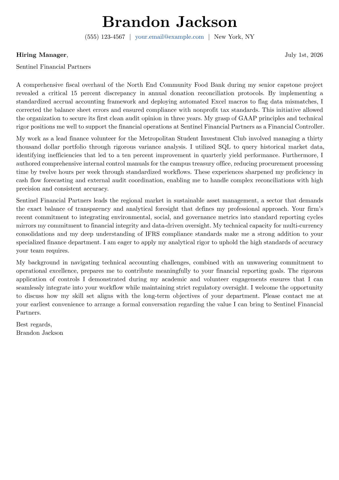 Financial Controller cover letter in the Basic design