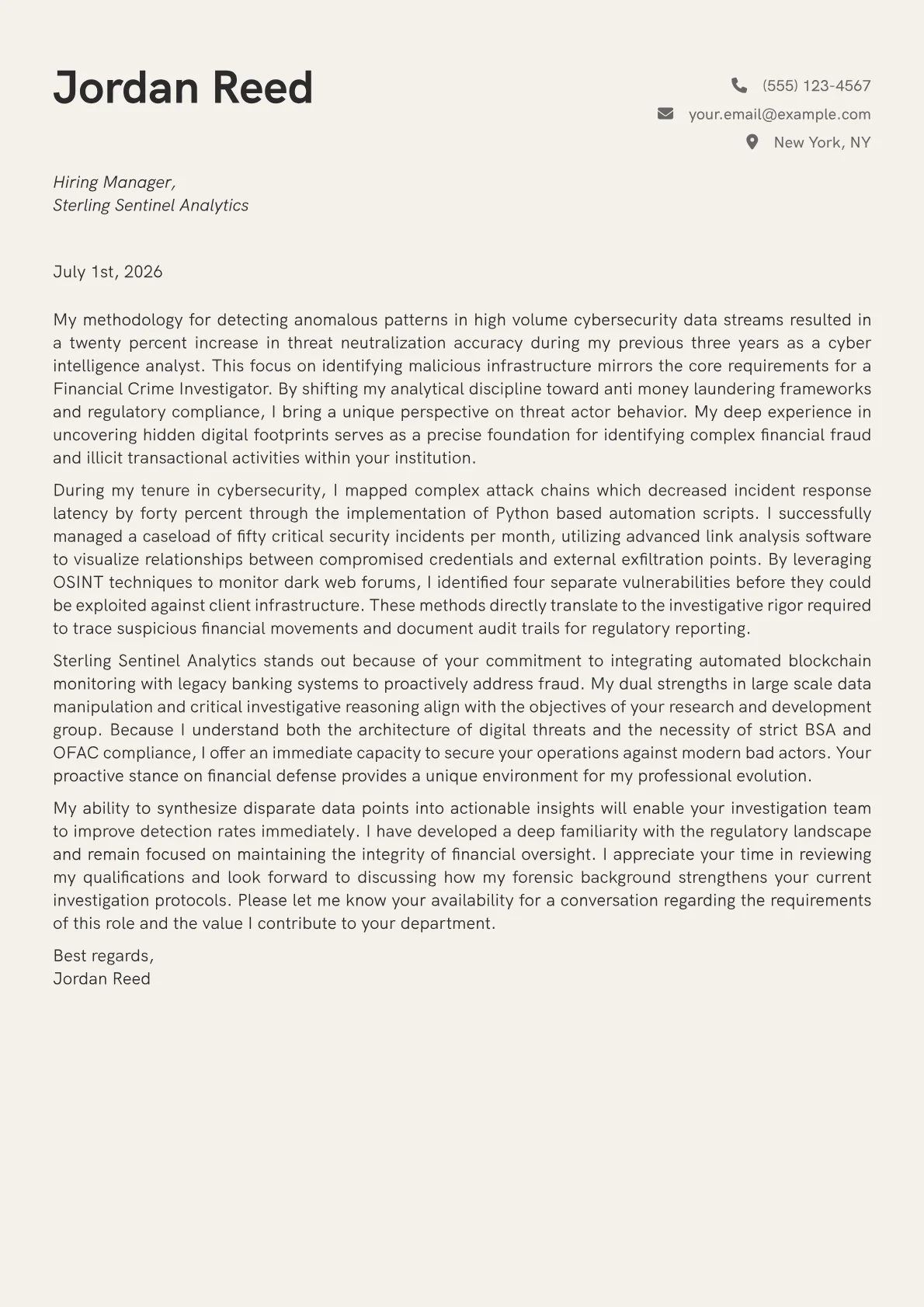 Financial Crime Investigator cover letter in the Creative design
