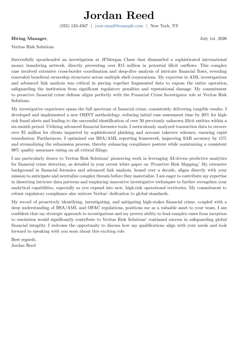 Financial Crime Investigator cover letter example