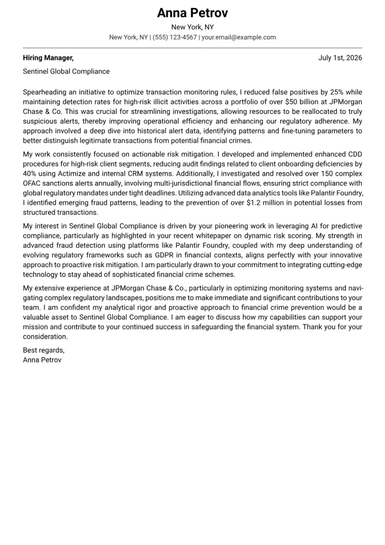 Financial Crimes Analyst cover letter example preview