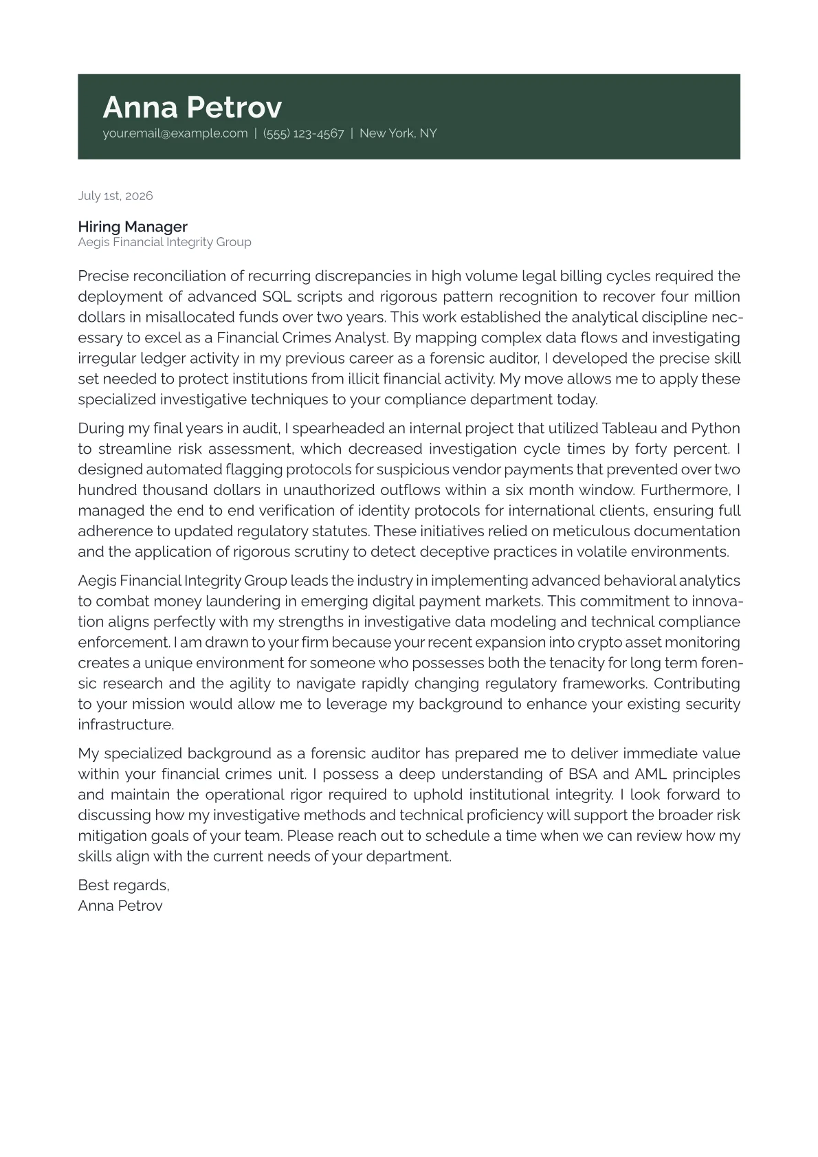 Financial Crimes Analyst cover letter in the Banner design
