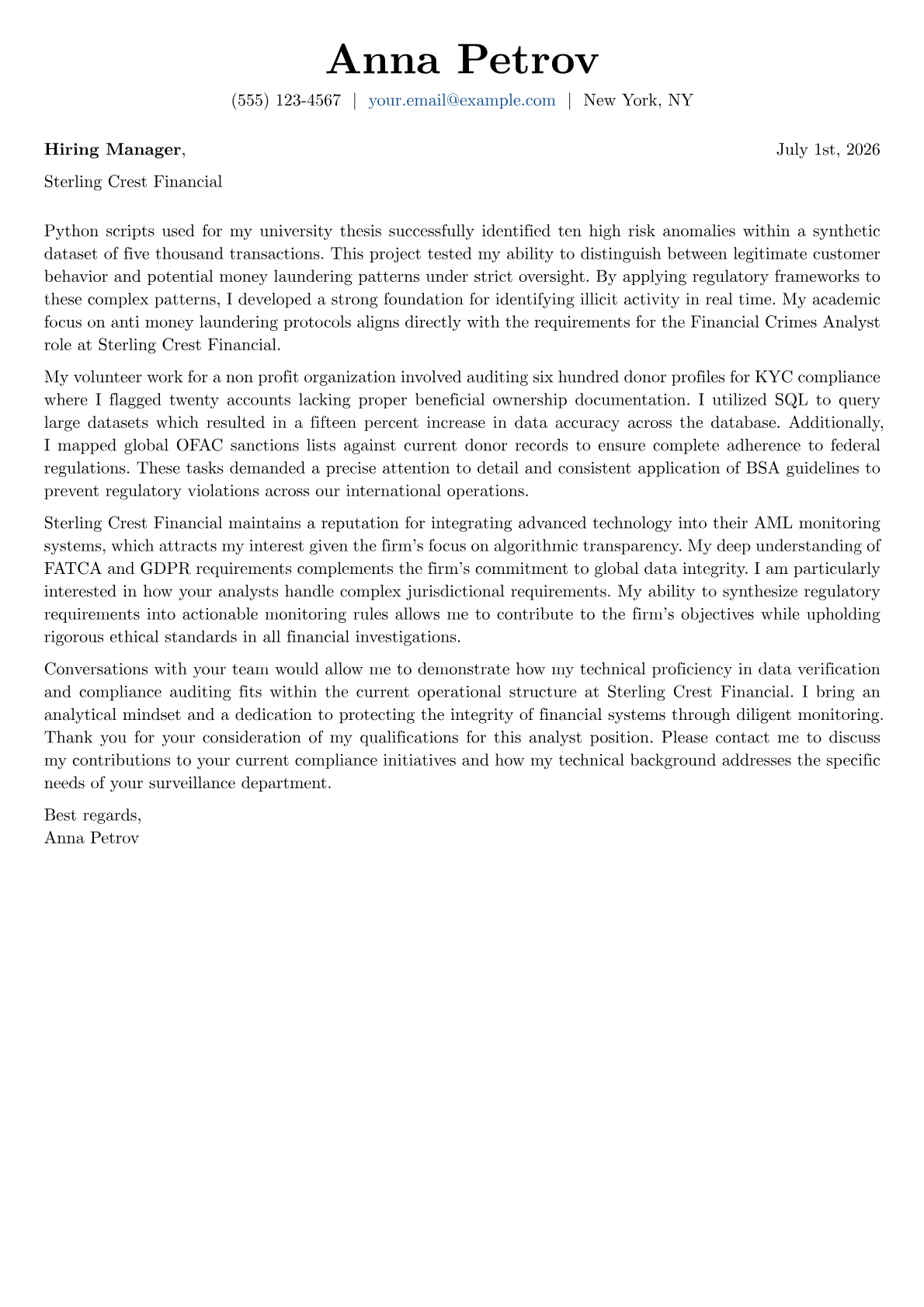 Financial Crimes Analyst cover letter in the Basic design