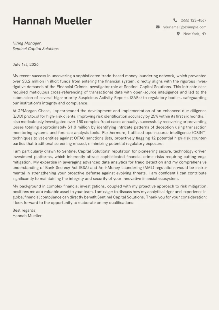 Financial Crimes Investigator cover letter example preview