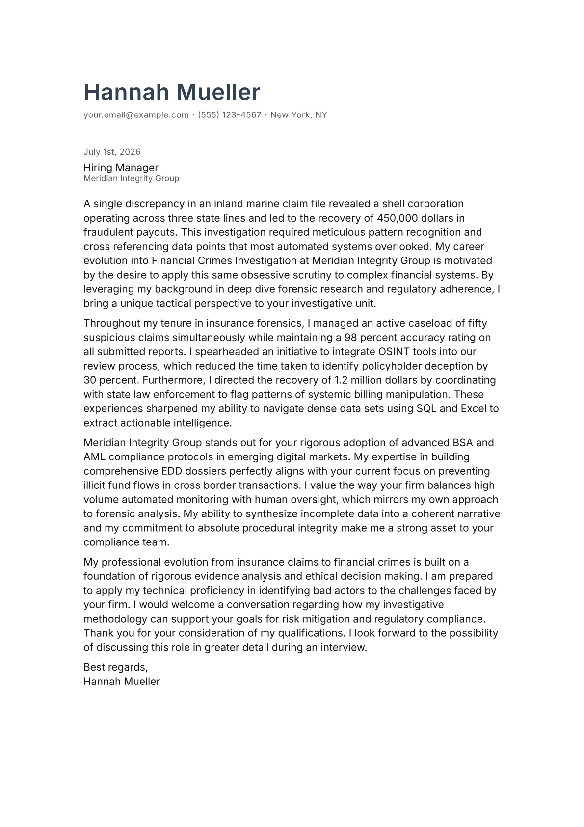 Financial Crimes Investigator cover letter in the Minimal design