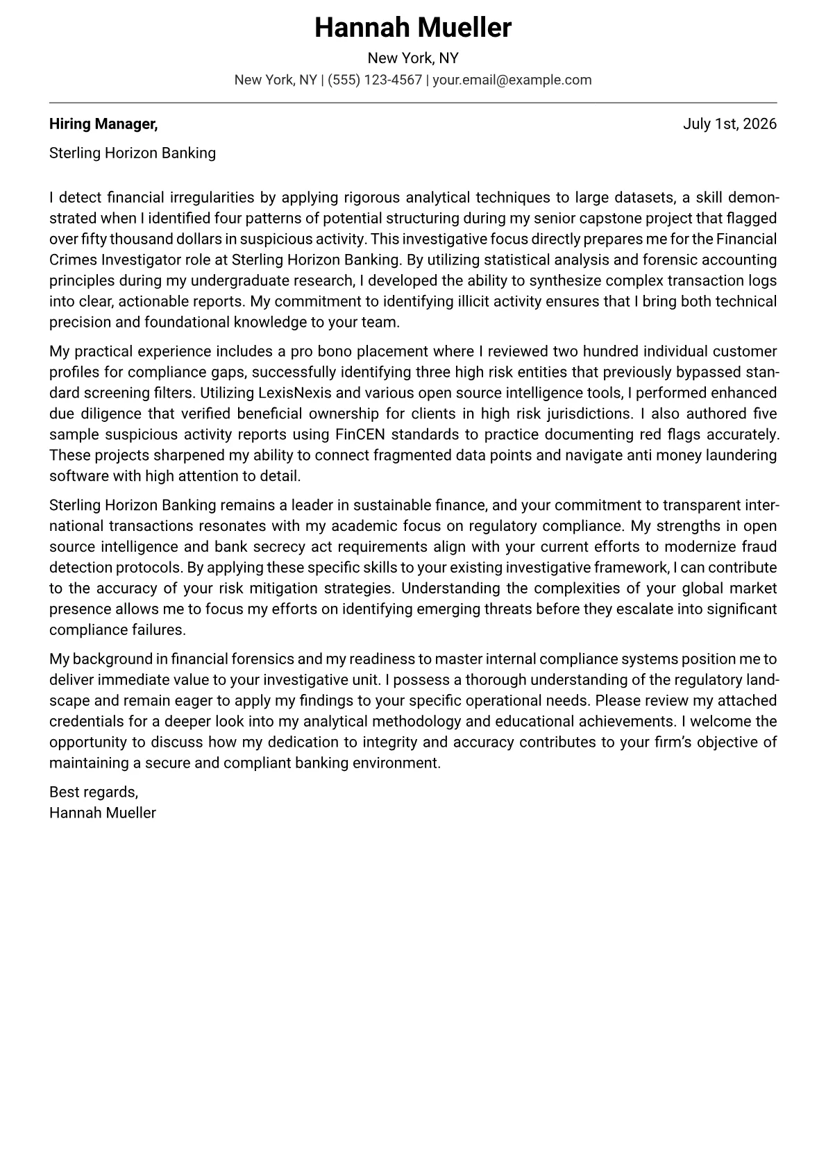 Financial Crimes Investigator cover letter in the Modern design