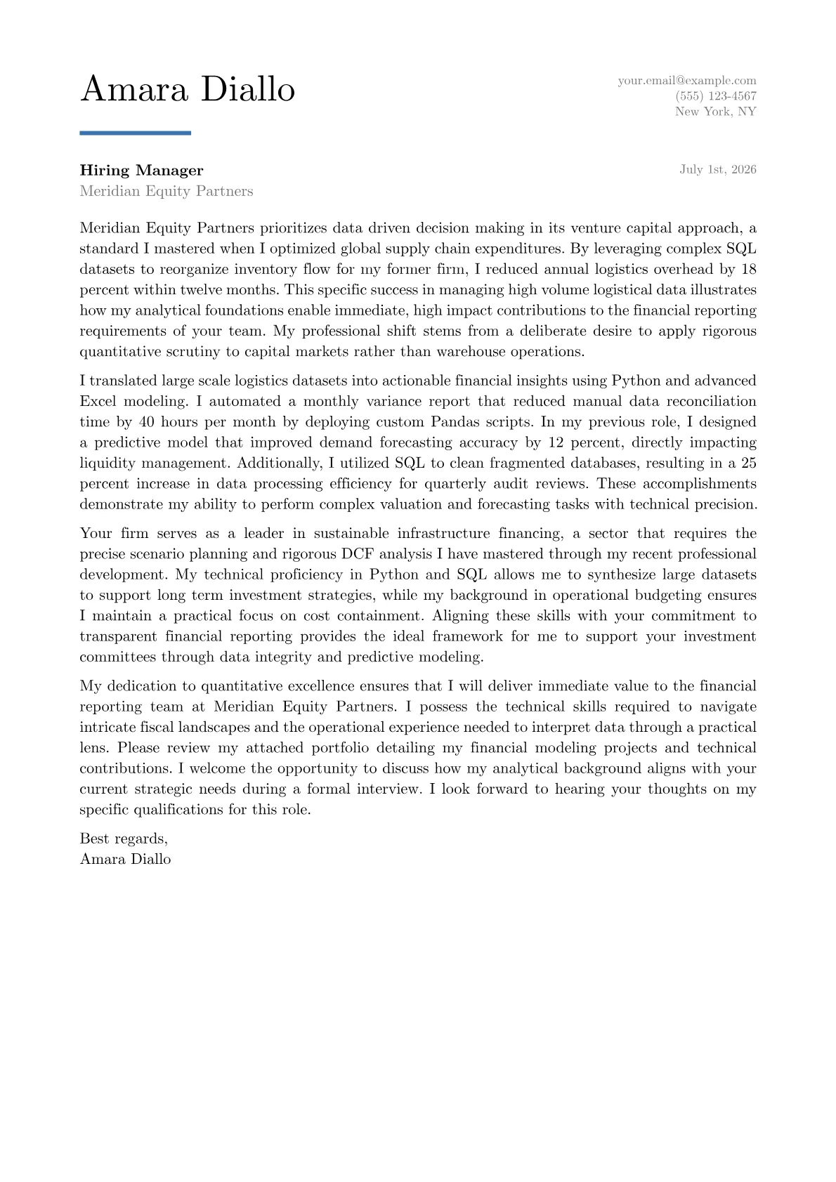 Financial Data Analyst cover letter in the Executive design