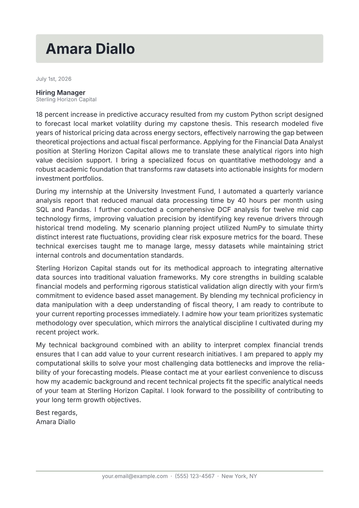 Financial Data Analyst cover letter in the Letterhead design