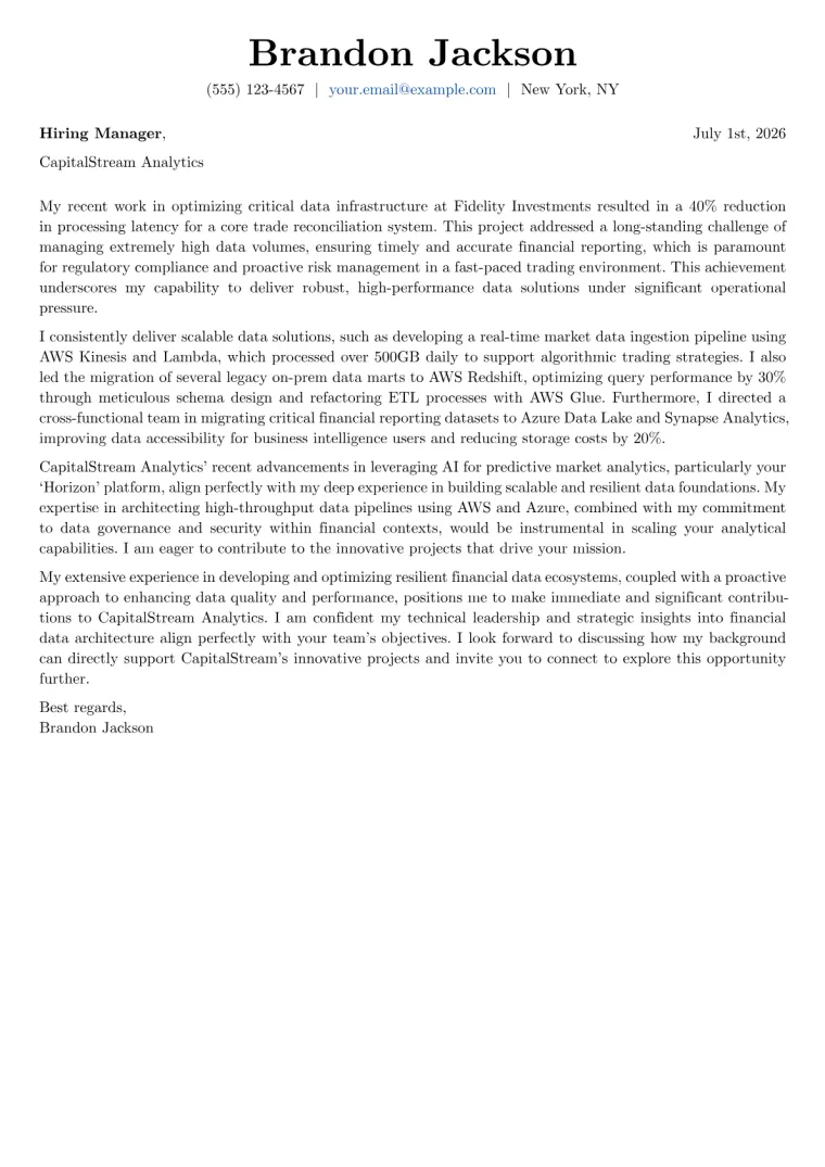 Financial Data Engineer cover letter example preview
