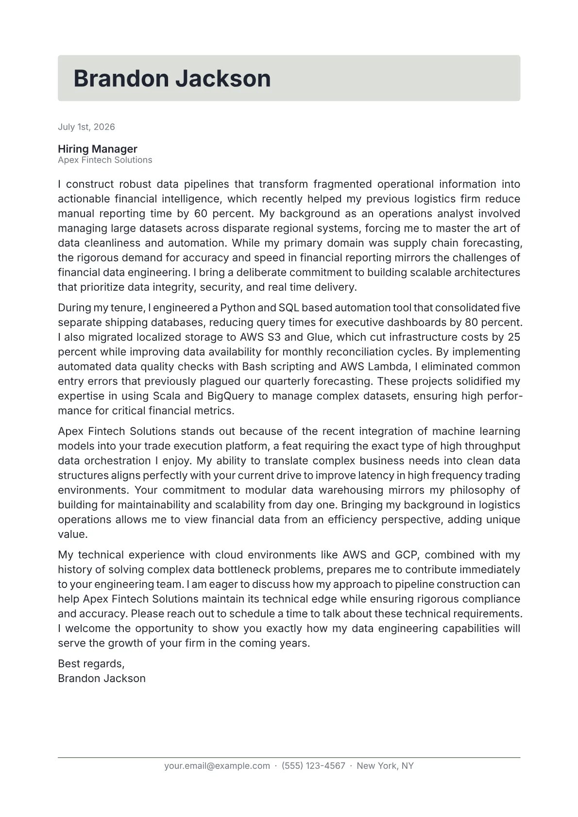 Financial Data Engineer cover letter in the Letterhead design