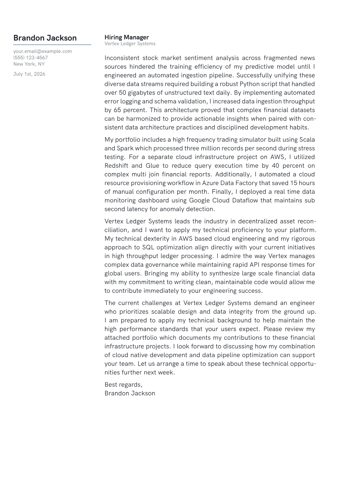 Financial Data Engineer cover letter in the Margin design