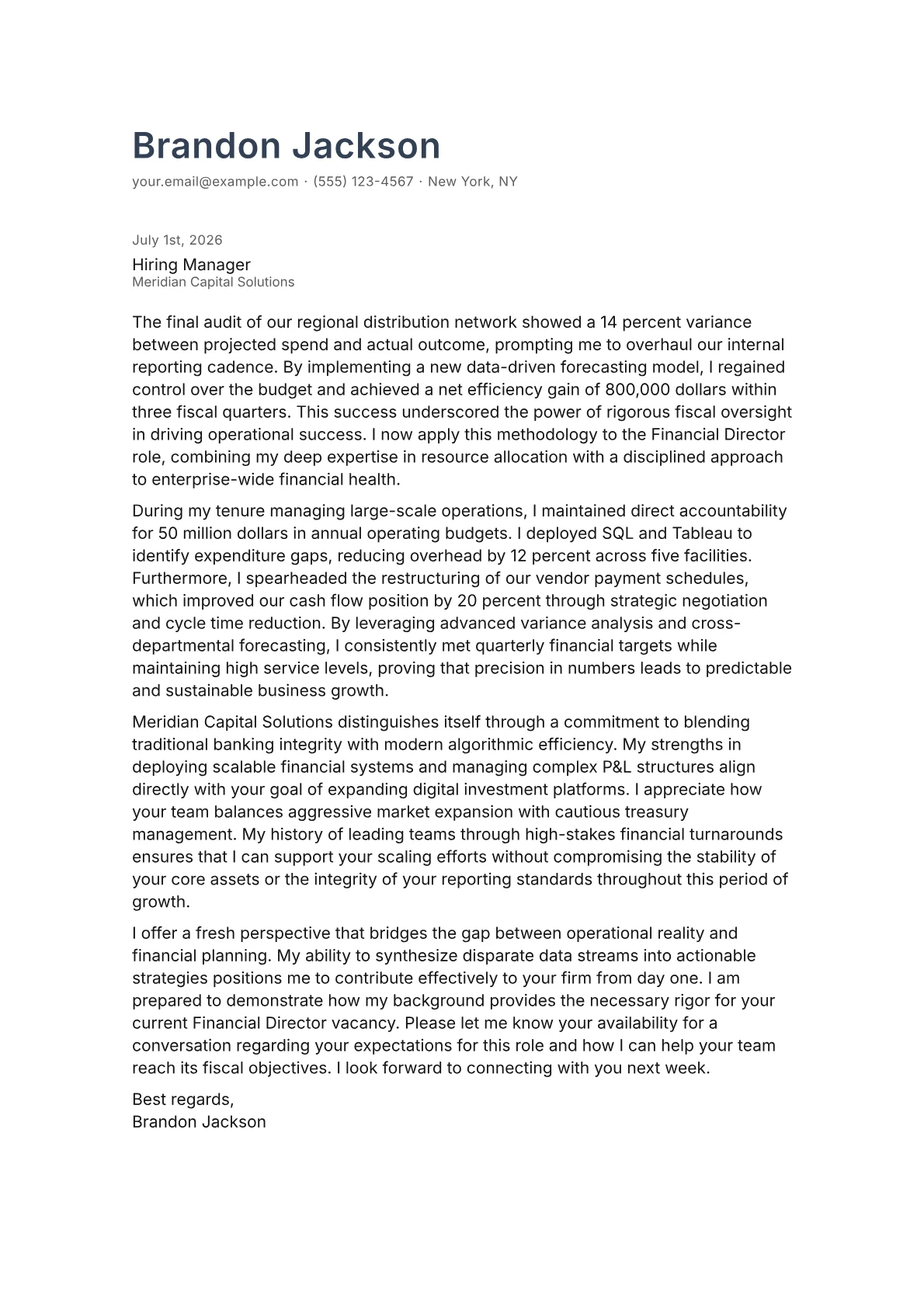 Financial Director cover letter in the Minimal design