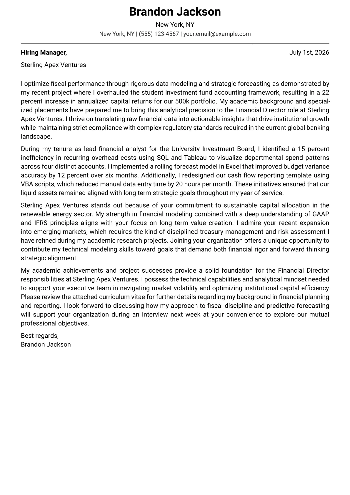 Financial Director cover letter in the Modern design