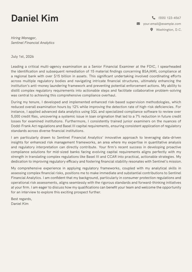 Financial Examiner cover letter example preview