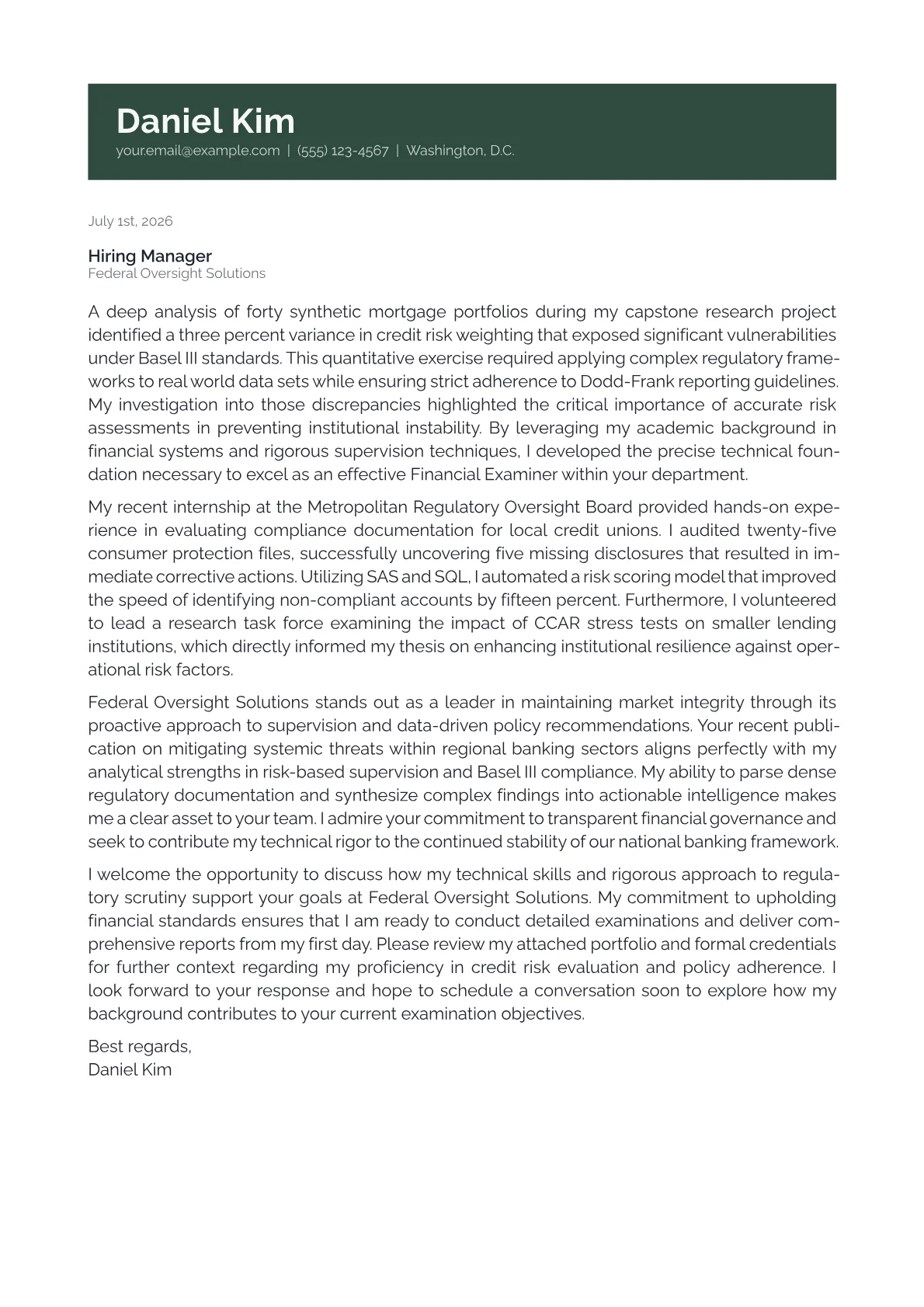 Financial Examiner cover letter in the Banner design