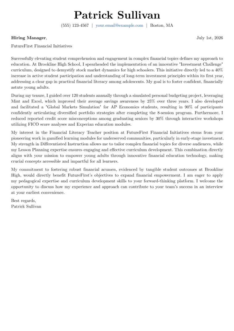 Financial Literacy Teacher cover letter example preview