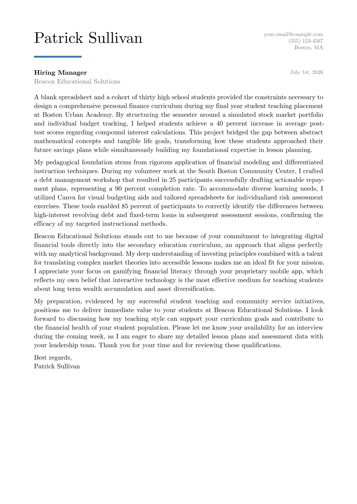 Financial Literacy Teacher cover letter in the Executive design