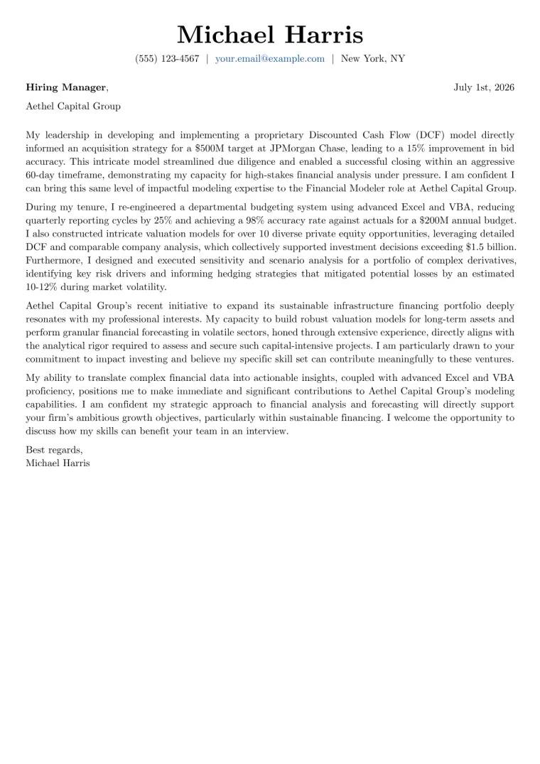 Financial Modeler cover letter example preview