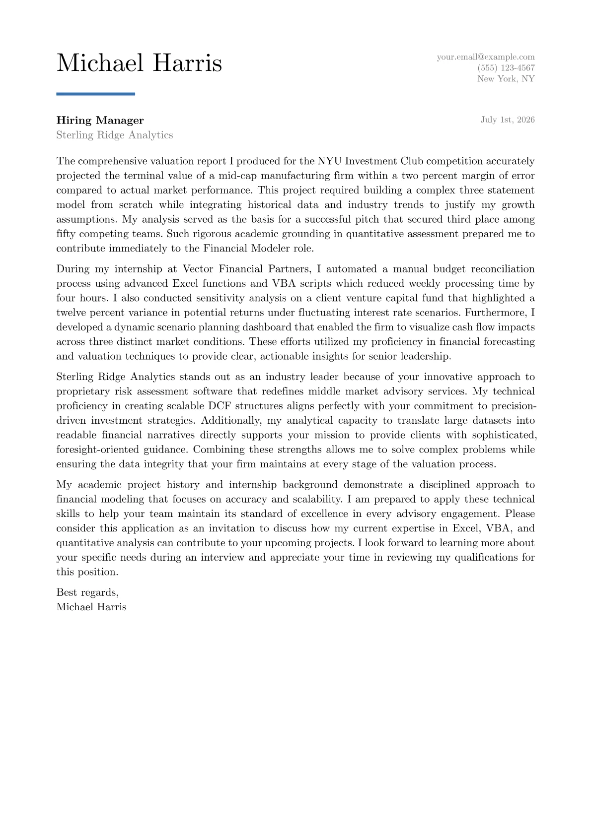 Financial Modeler cover letter in the Executive design