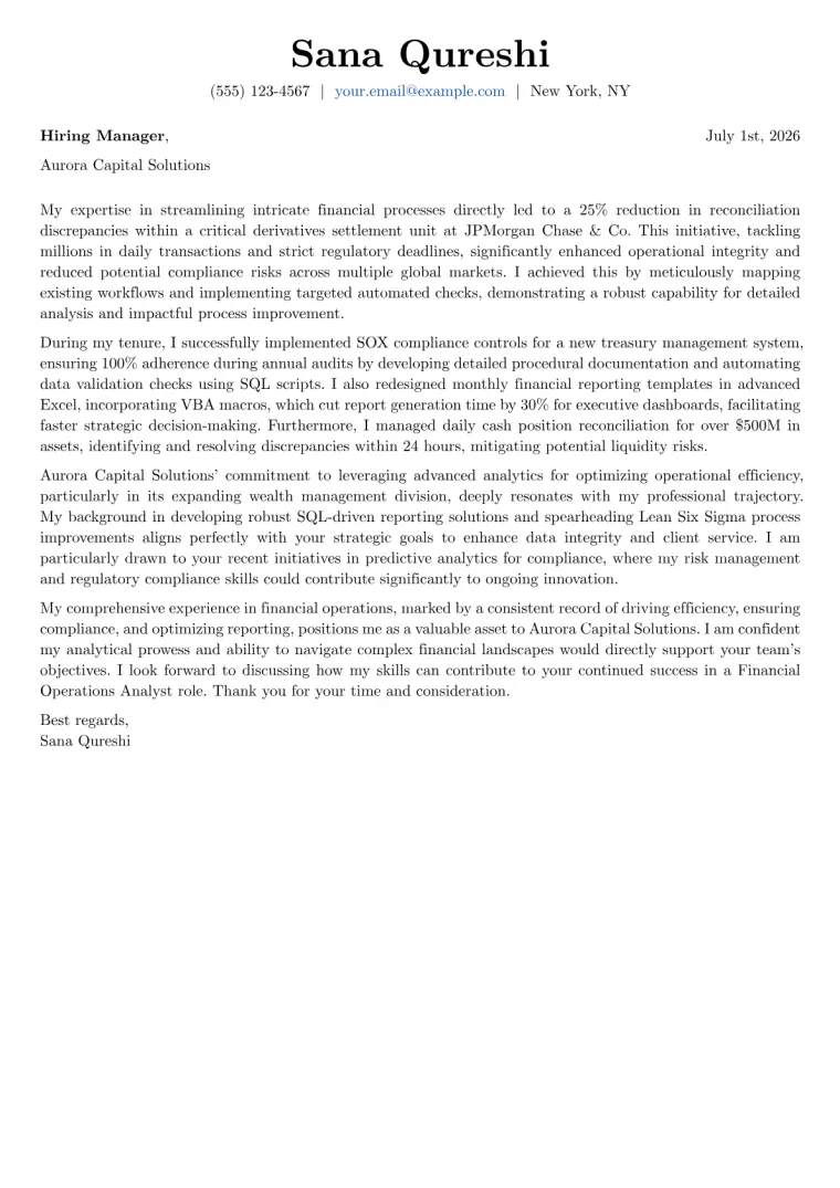 Financial Operations Analyst cover letter example preview