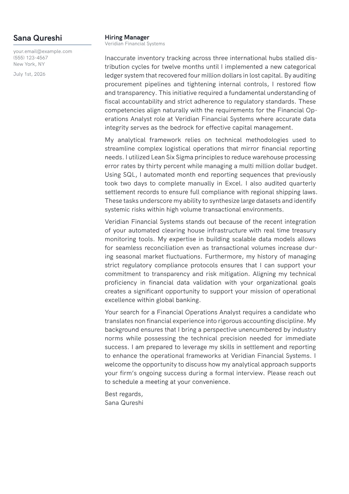 Financial Operations Analyst cover letter in the Margin design