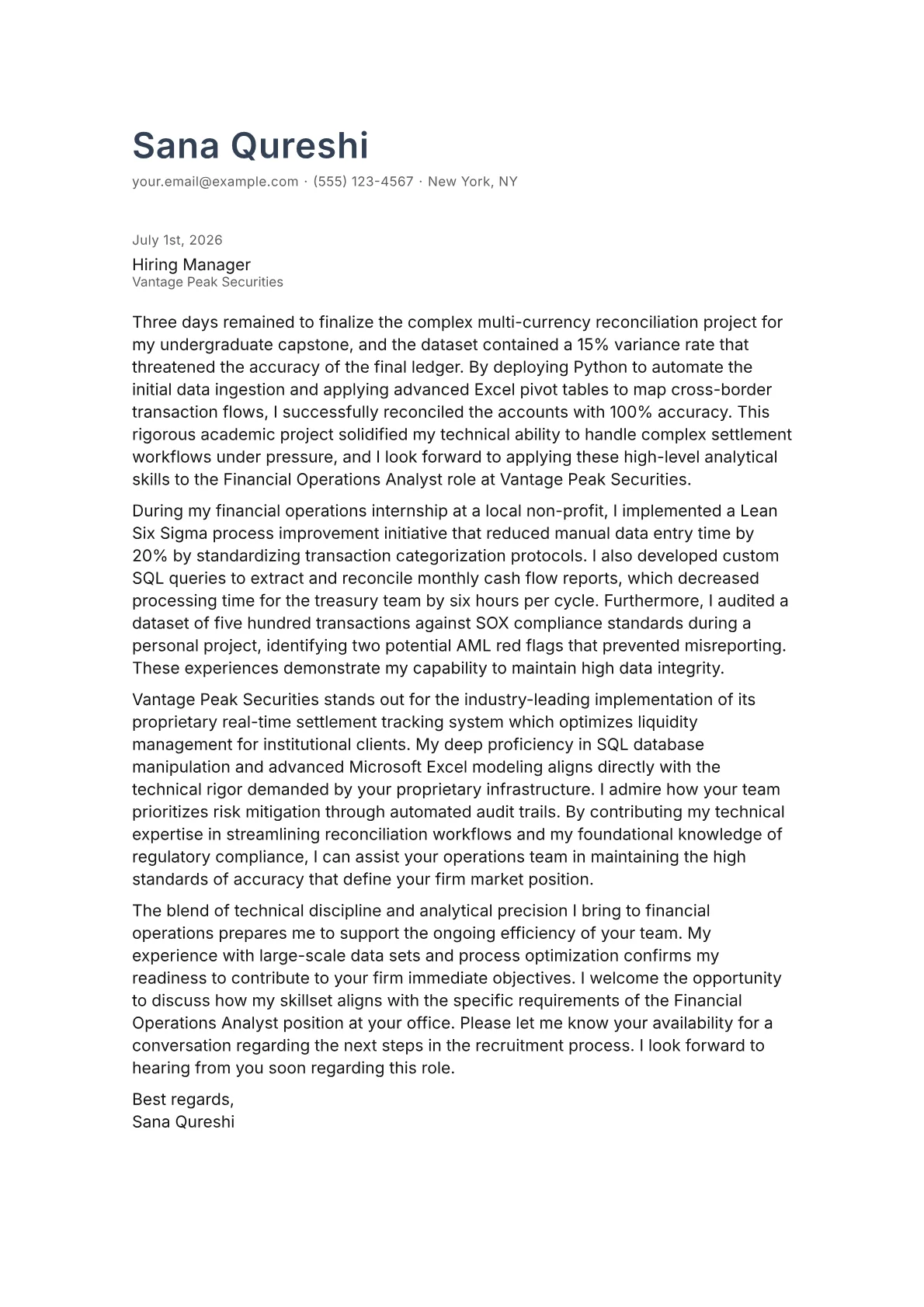 Financial Operations Analyst cover letter in the Minimal design