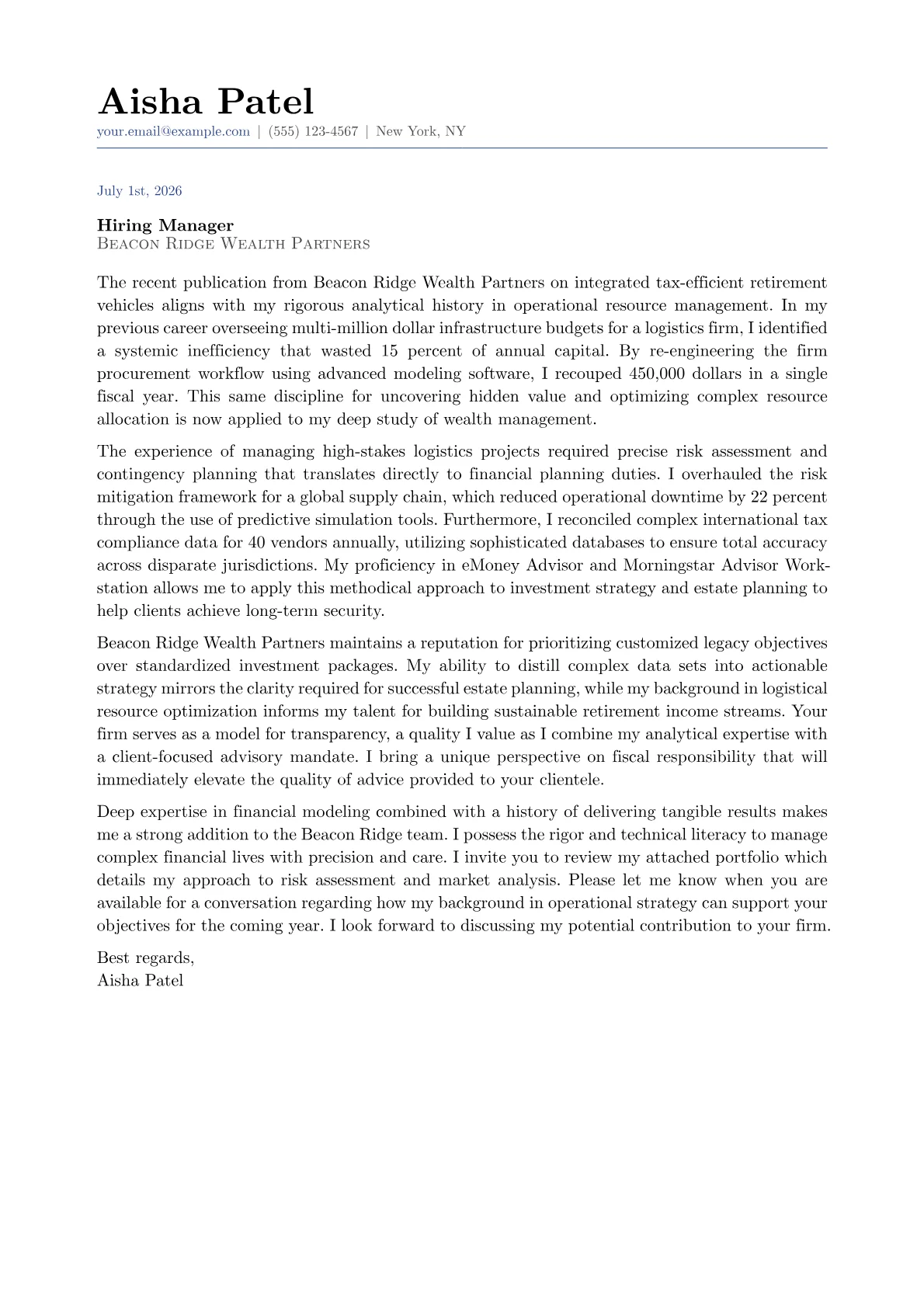 Financial Planner cover letter in the Classic design
