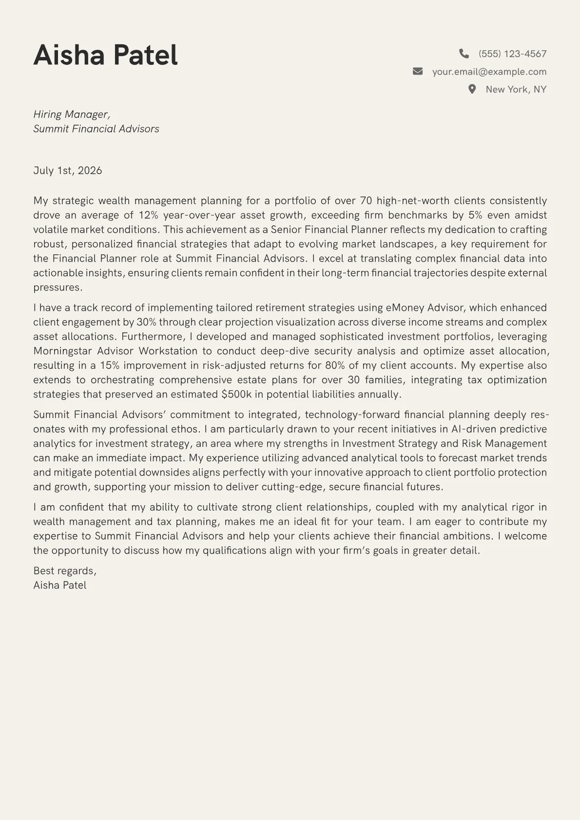 Financial Planner cover letter formatted with a JobSprout template