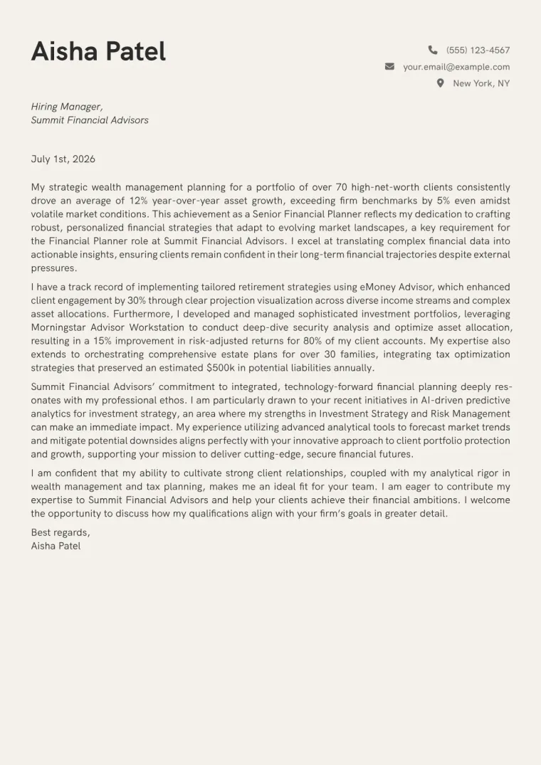 Financial Planner cover letter example preview
