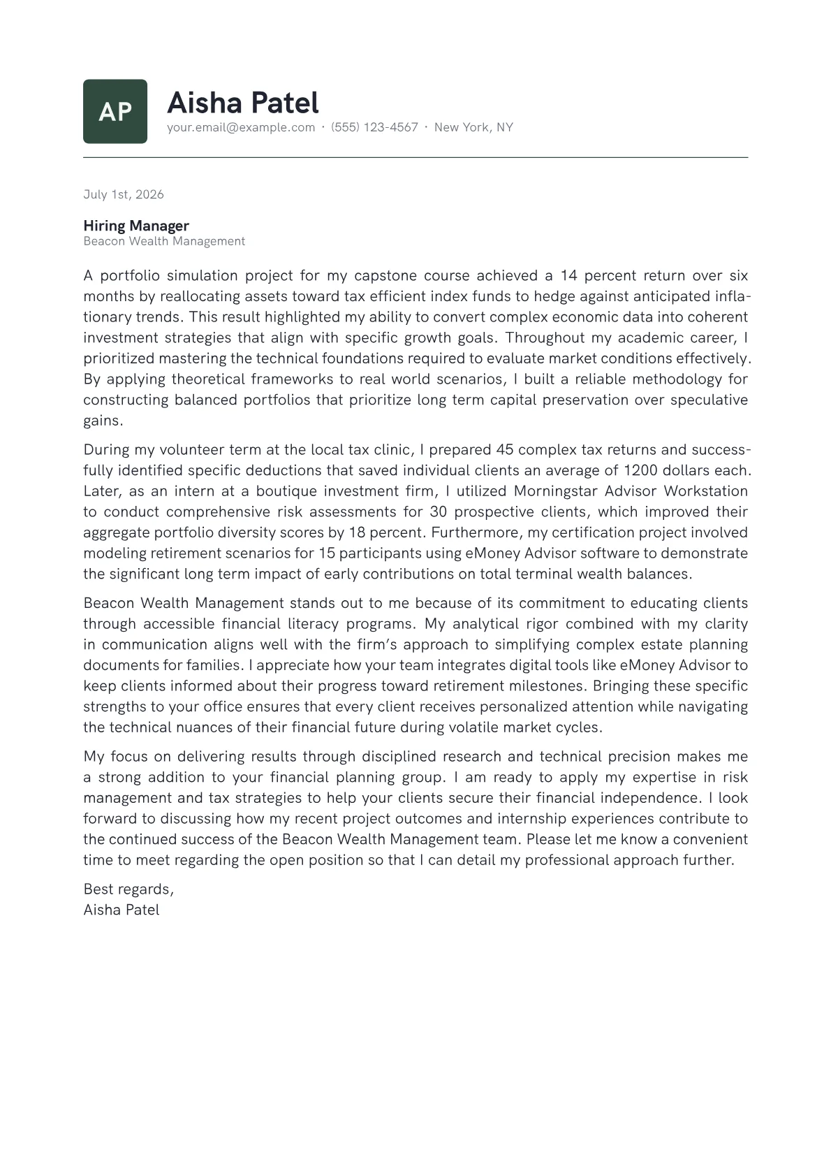 Financial Planner cover letter in the Emblem design