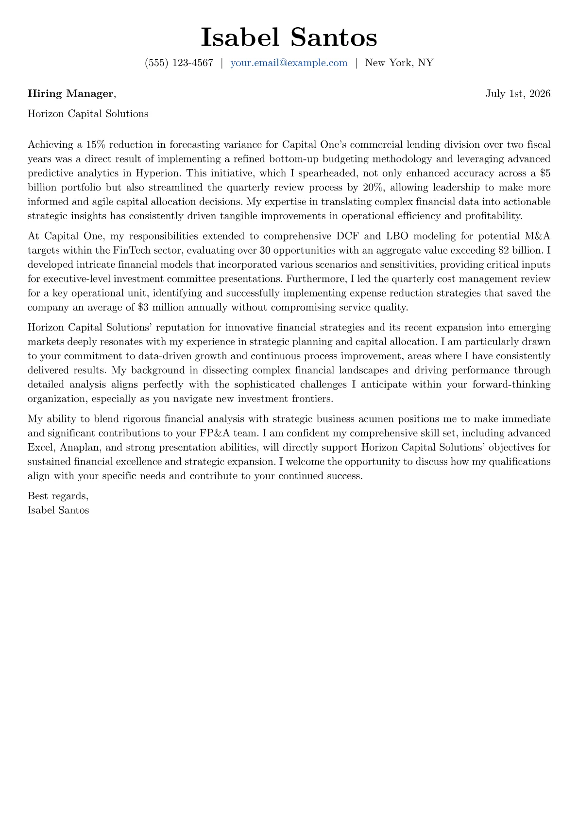 Financial Planning and Analysis cover letter formatted with a JobSprout template