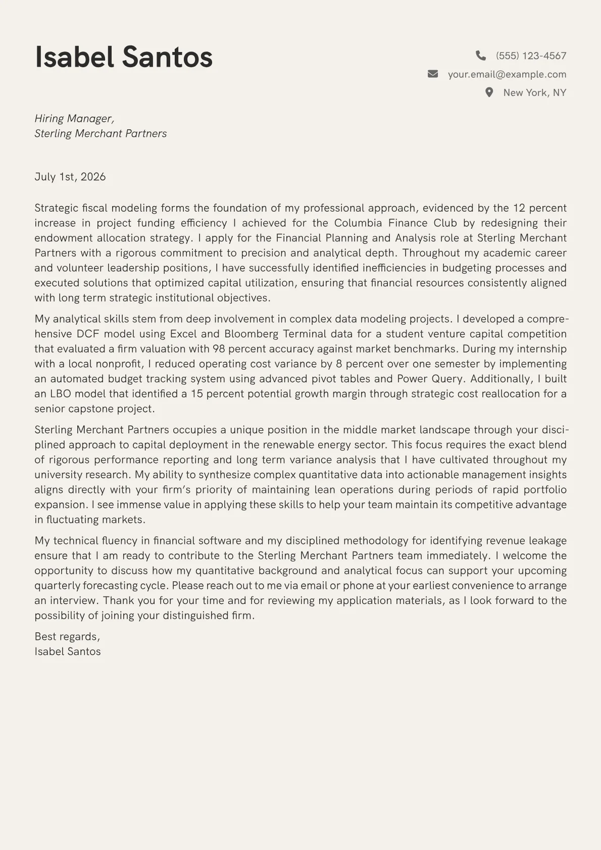 Financial Planning and Analysis cover letter in the Creative design