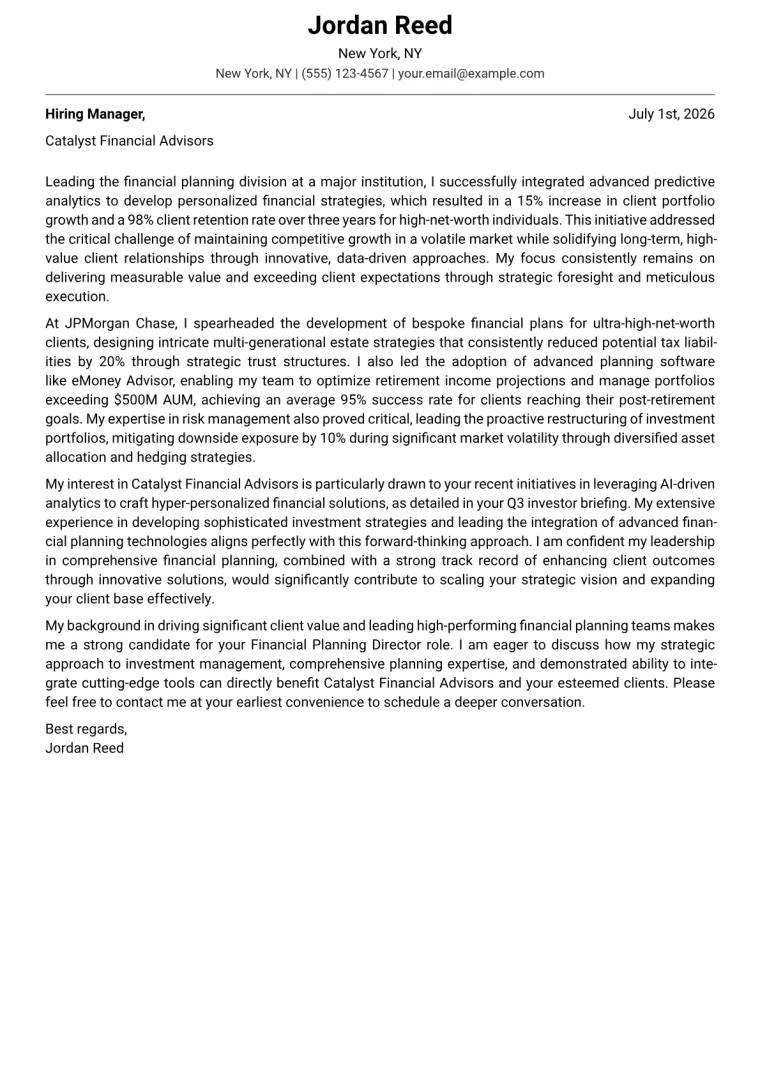 Financial Planning Director cover letter example