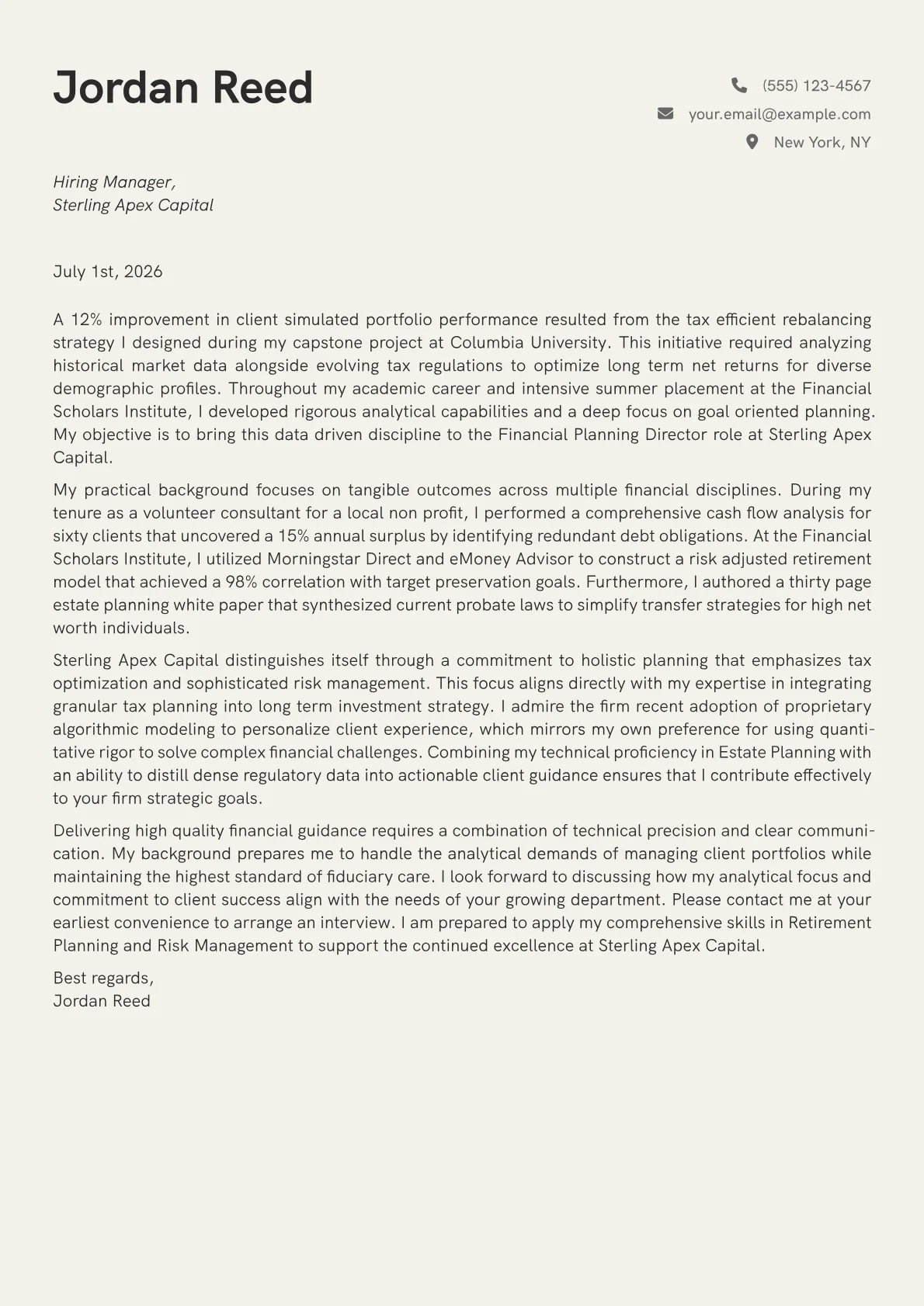 Financial Planning Director cover letter in the Creative design