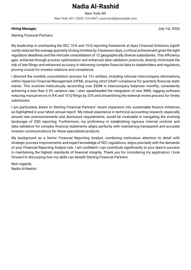 Financial Reporting Analyst cover letter example