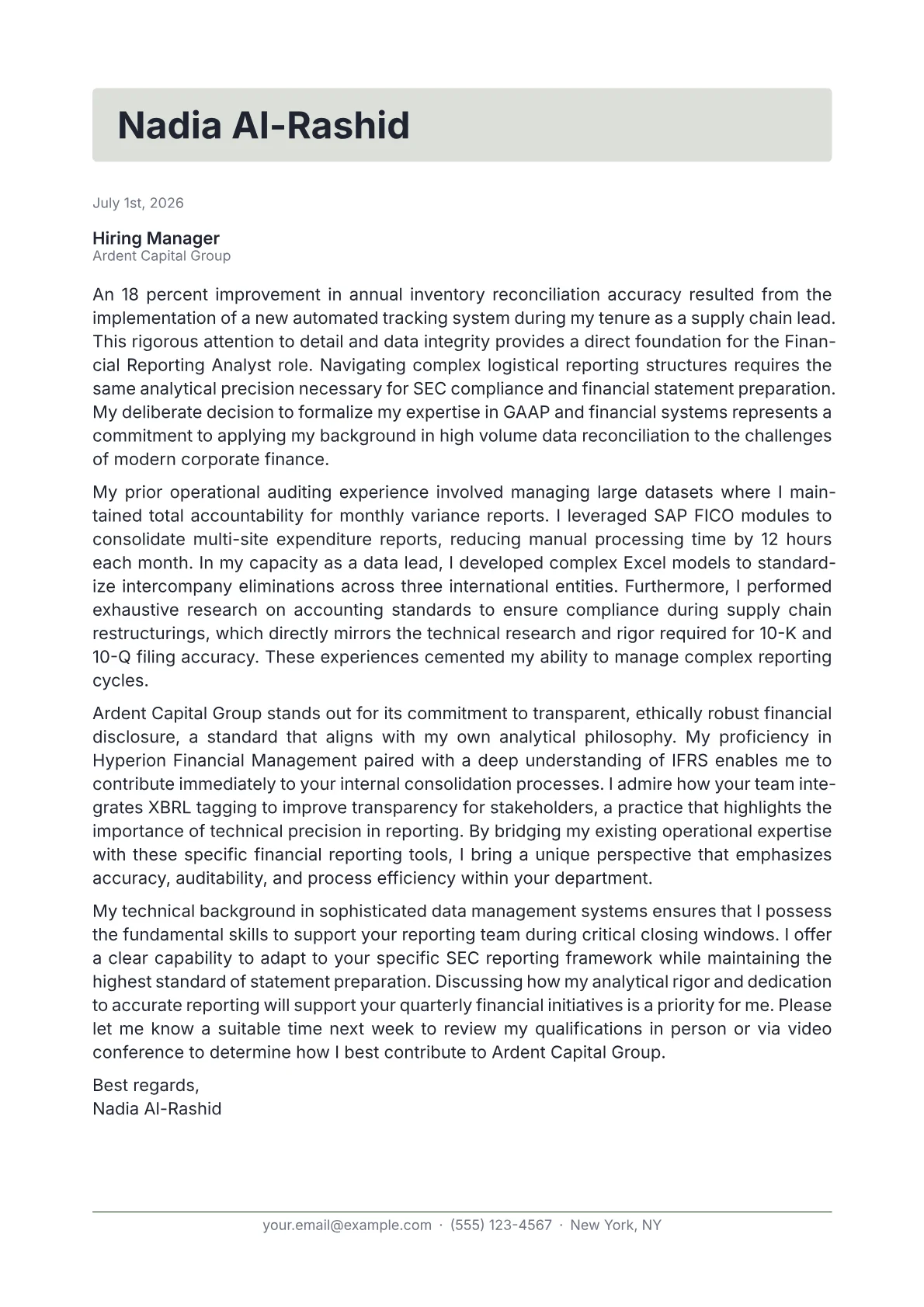 Financial Reporting Analyst cover letter in the Letterhead design