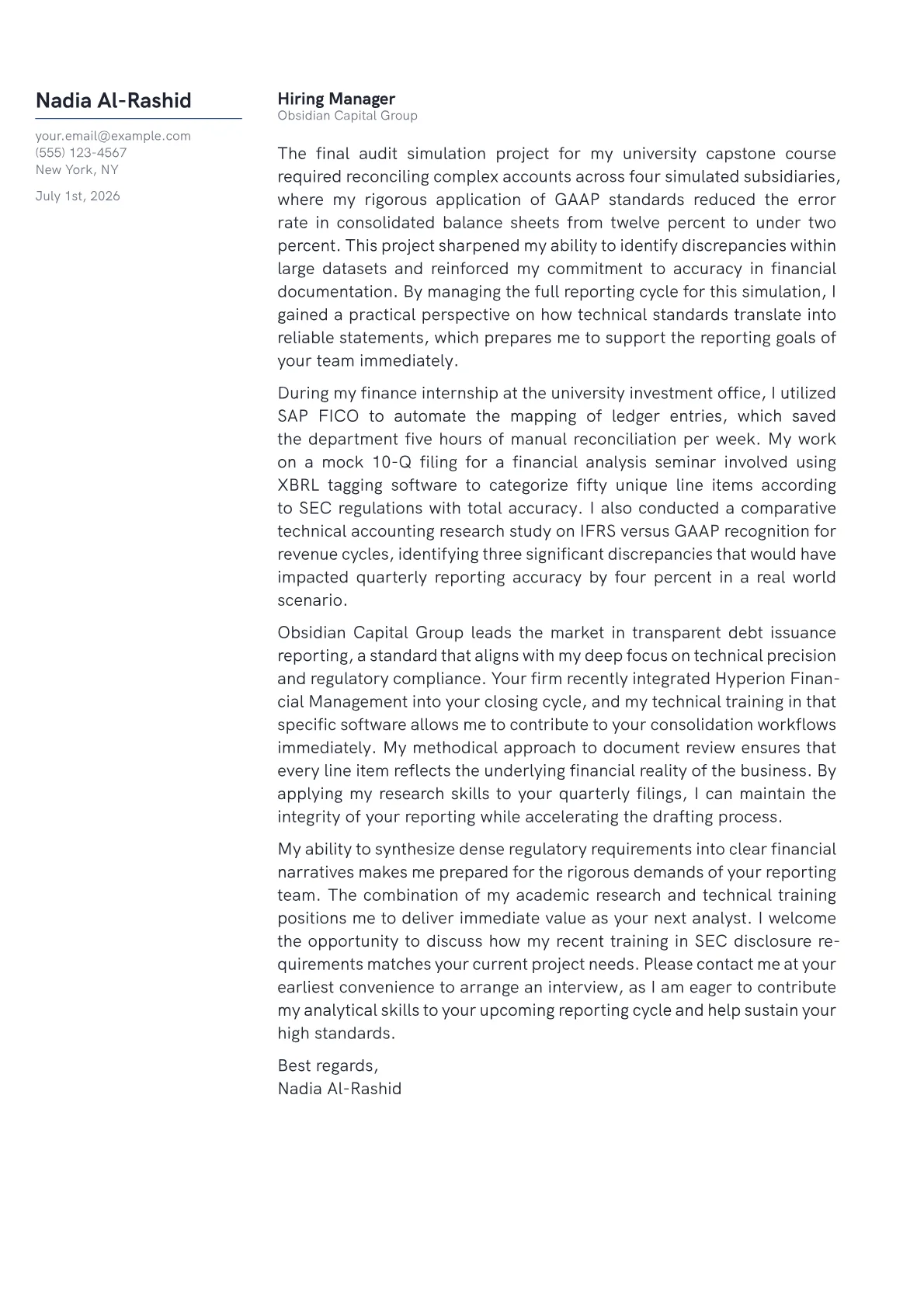 Financial Reporting Analyst cover letter in the Margin design