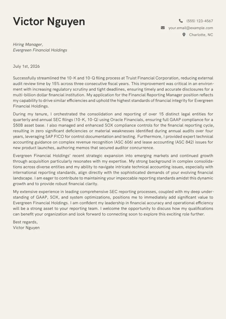 Financial Reporting Manager cover letter example