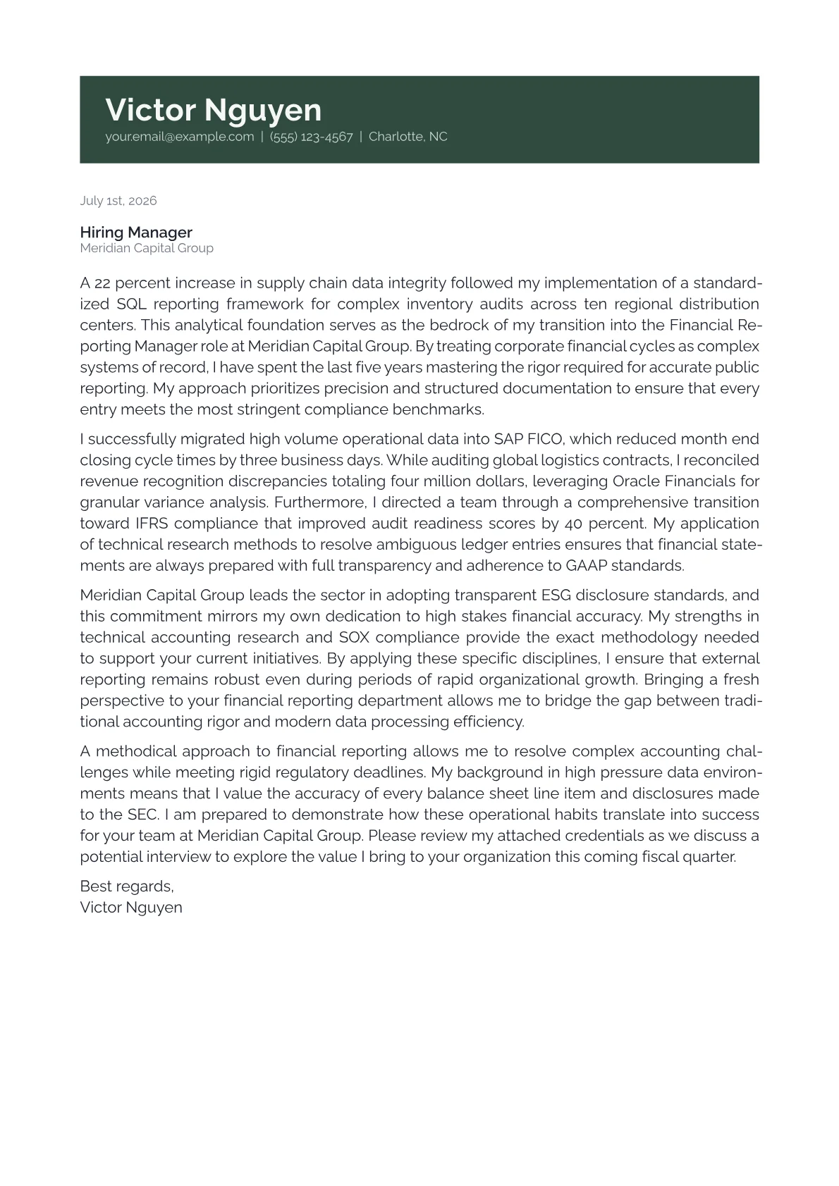 Financial Reporting Manager cover letter in the Banner design