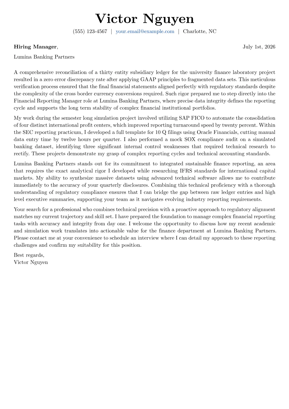 Financial Reporting Manager cover letter in the Basic design