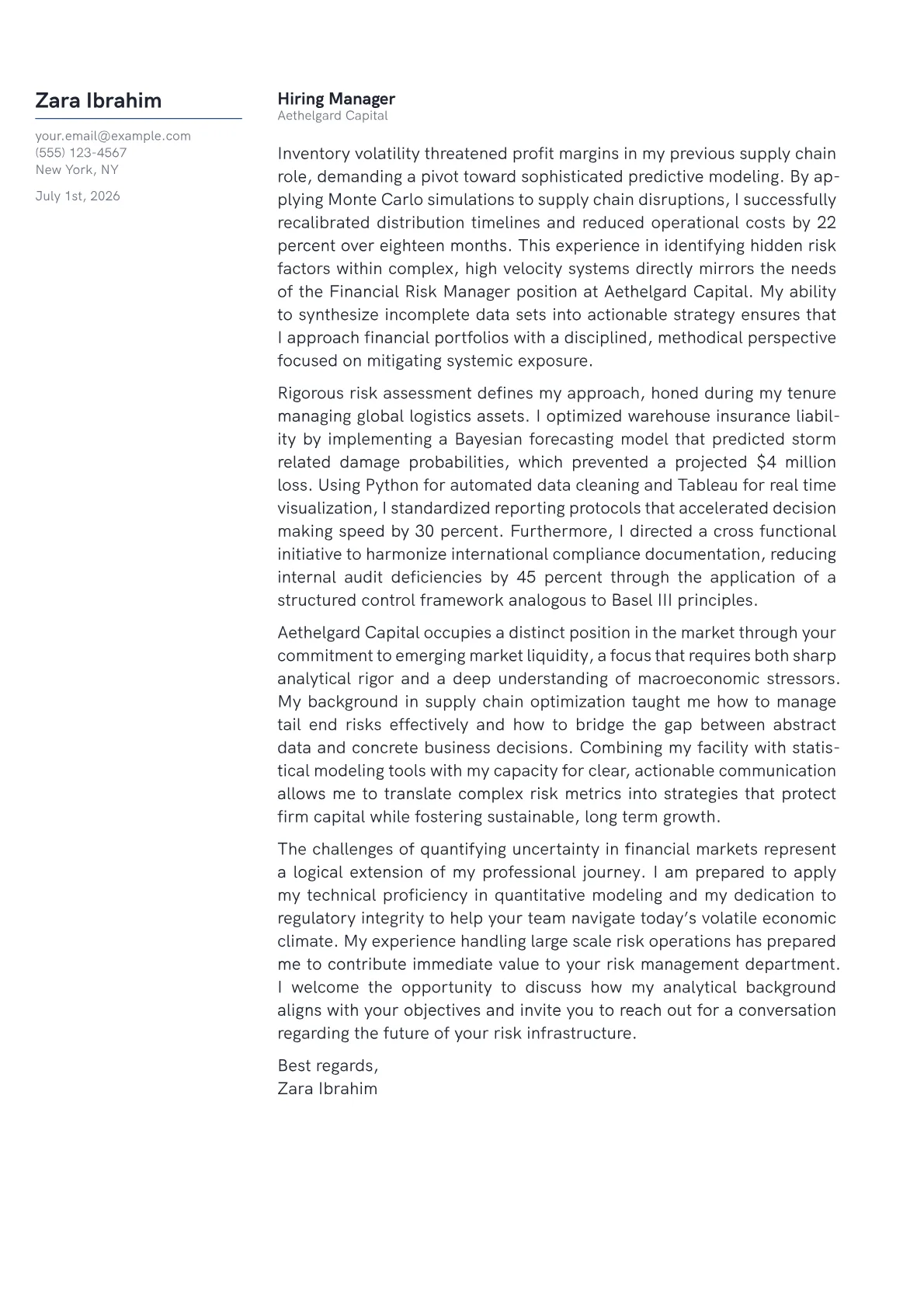 Financial Risk Manager cover letter in the Margin design