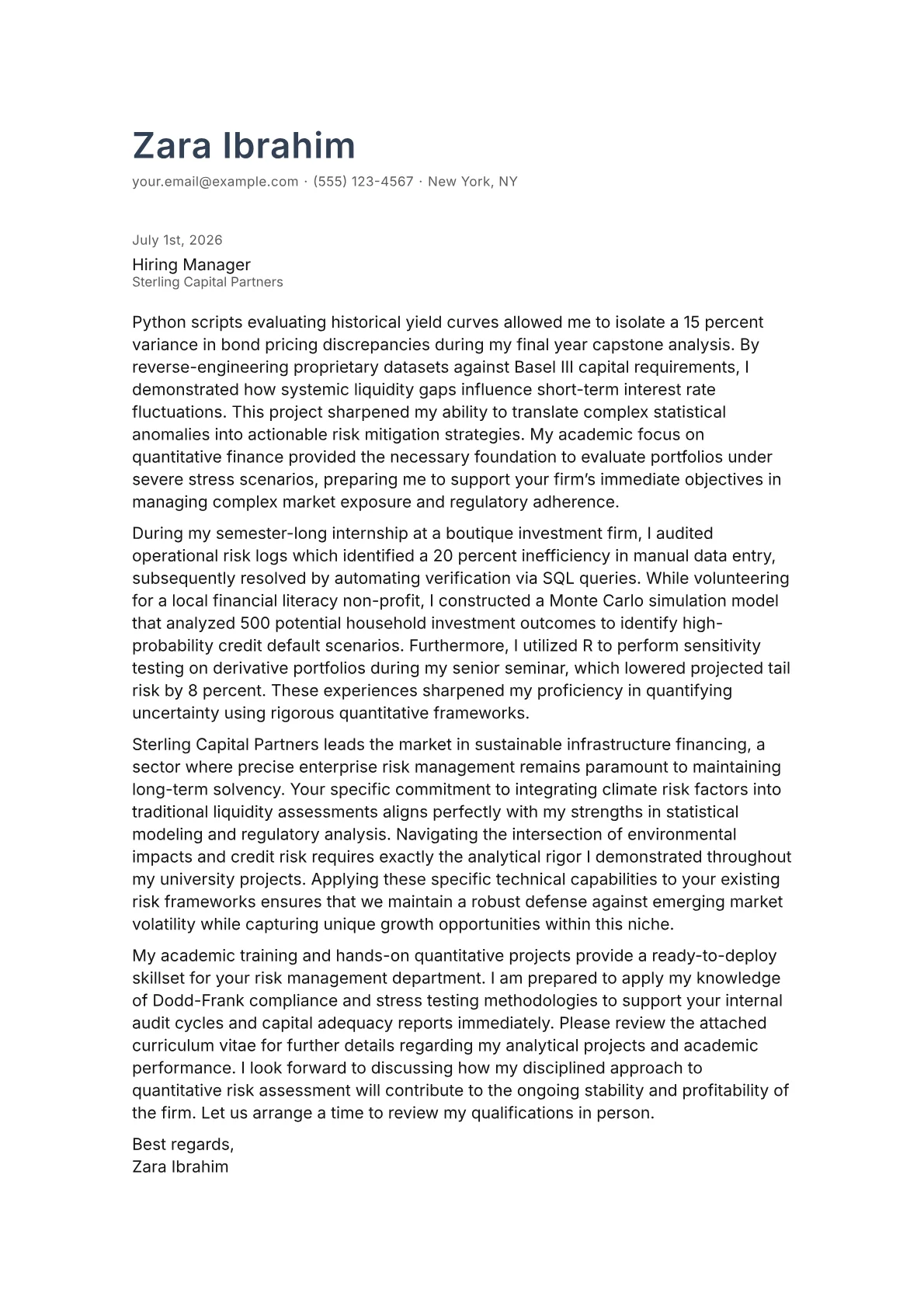 Financial Risk Manager cover letter in the Minimal design