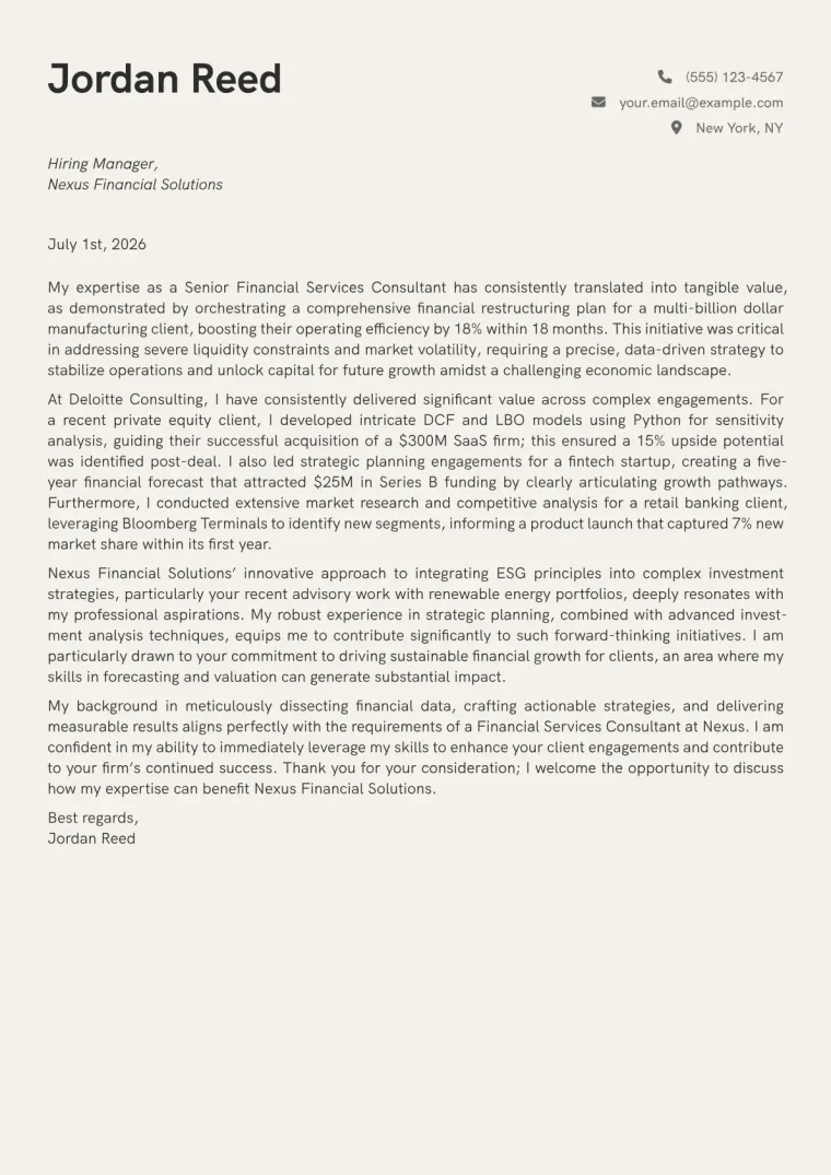 Financial Services Consultant cover letter example