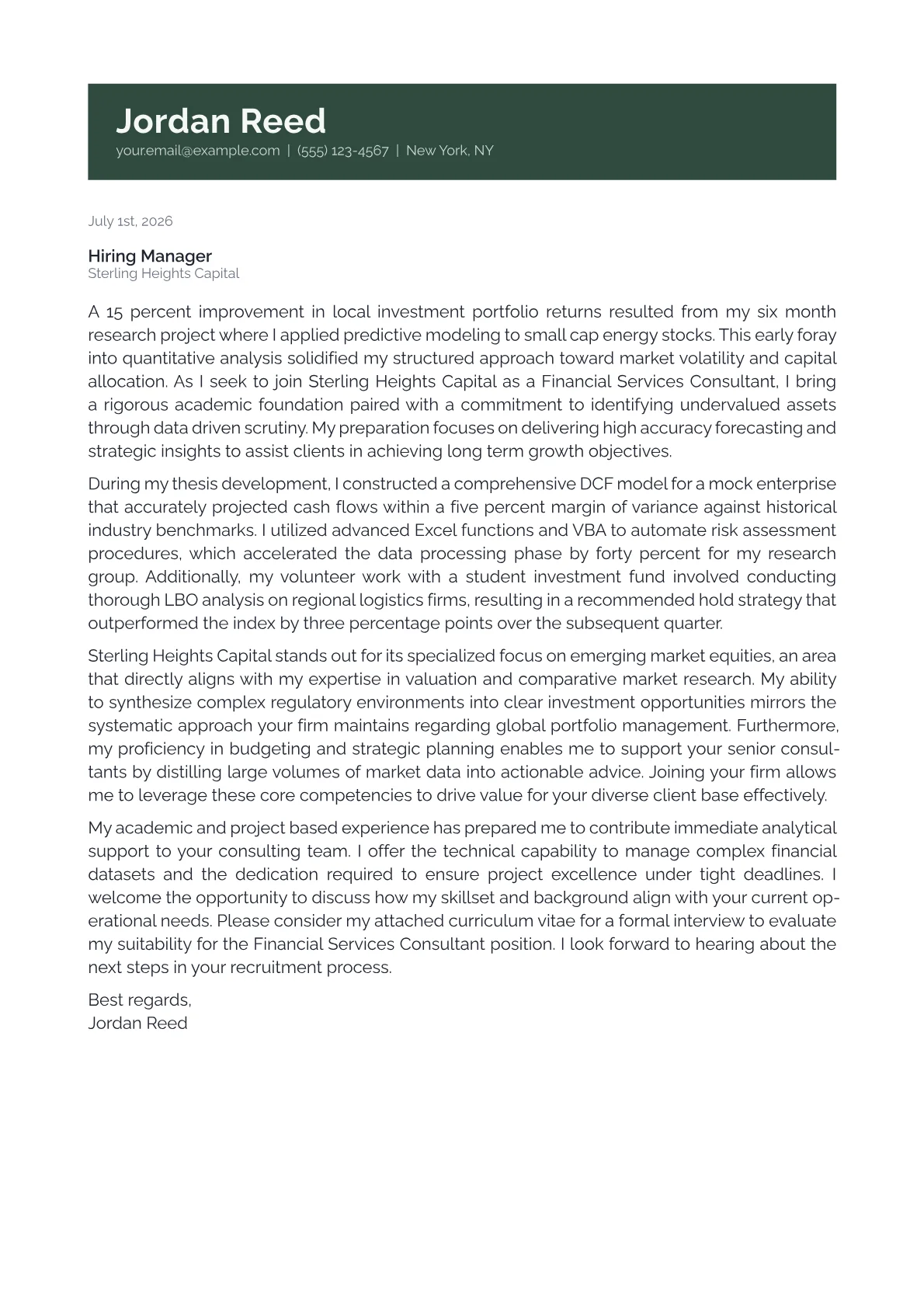 Financial Services Consultant cover letter in the Banner design