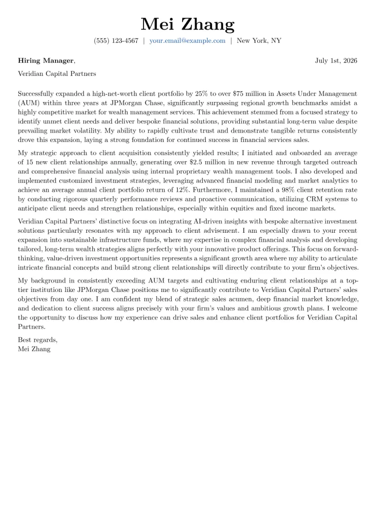 Financial Services Sales cover letter example