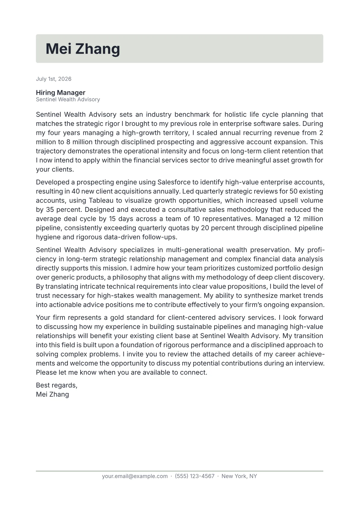 Financial Services Sales cover letter in the Letterhead design