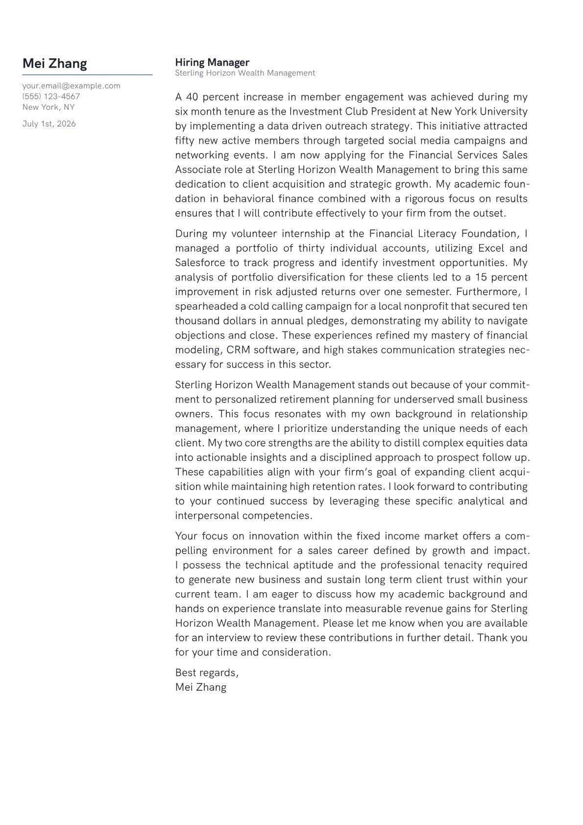 Financial Services Sales cover letter in the Margin design